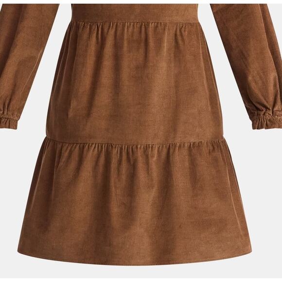 NEW Women's Tiered Corduroy XL Mini Dress with Pockets Long Sleeve WARM COFFEE - Picture 4 of 4